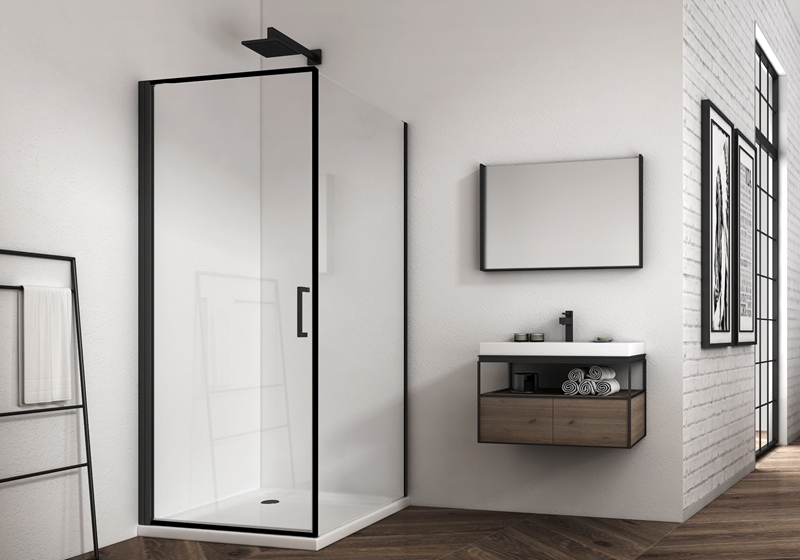 EX-921 Vách tắm cao cấp bản lề vuông màu đen mờ 6/8mm có sọc chống thấm